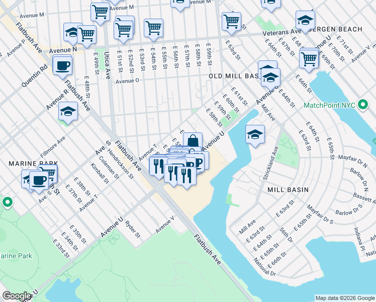 map of restaurants, bars, coffee shops, grocery stores, and more near 2054 East 56th Street in Brooklyn