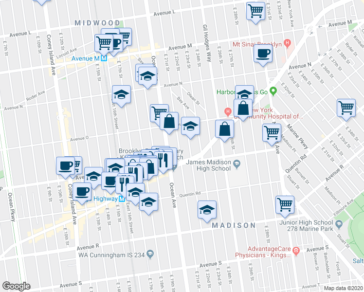 map of restaurants, bars, coffee shops, grocery stores, and more near 1656 East 21st Street in Brooklyn