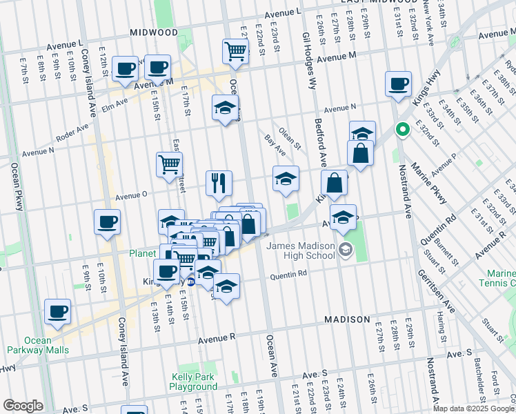map of restaurants, bars, coffee shops, grocery stores, and more near 1656 East 21st Street in Brooklyn