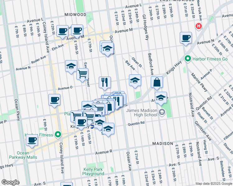 map of restaurants, bars, coffee shops, grocery stores, and more near 2010 Ocean Avenue in Brooklyn