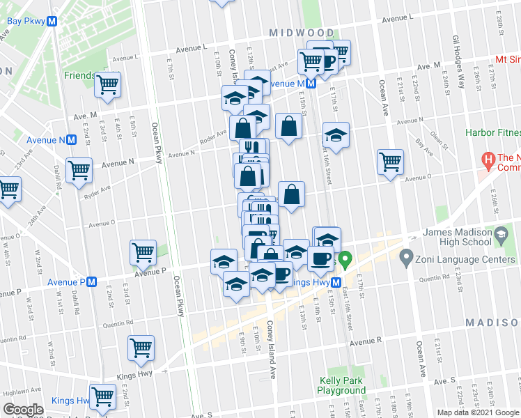 map of restaurants, bars, coffee shops, grocery stores, and more near 1114 Avenue O in Brooklyn