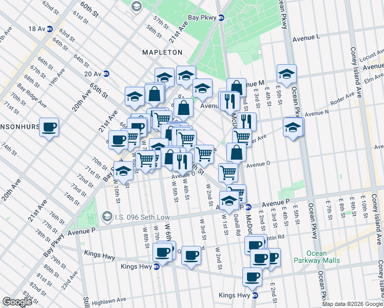 map of restaurants, bars, coffee shops, grocery stores, and more near 2351 64th Street in Brooklyn