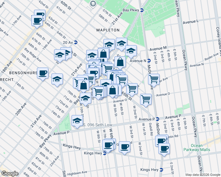map of restaurants, bars, coffee shops, grocery stores, and more near 2268 65th Street in Brooklyn