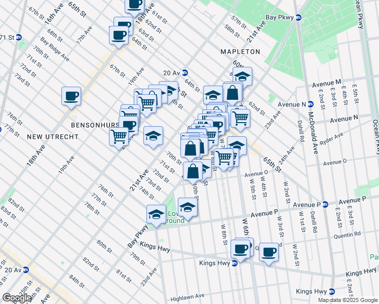 map of restaurants, bars, coffee shops, grocery stores, and more near 2146 68th Street in Brooklyn