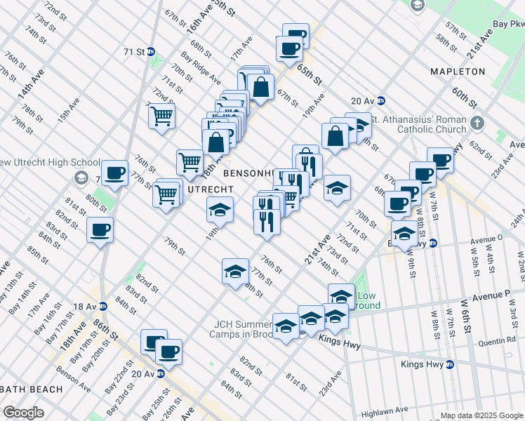 map of restaurants, bars, coffee shops, grocery stores, and more near 1938 73rd Street in Brooklyn