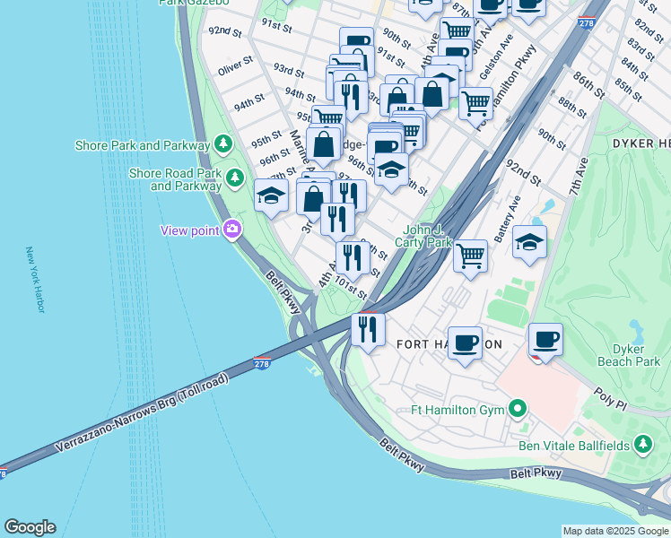 map of restaurants, bars, coffee shops, grocery stores, and more near 10008 4th Avenue in Brooklyn