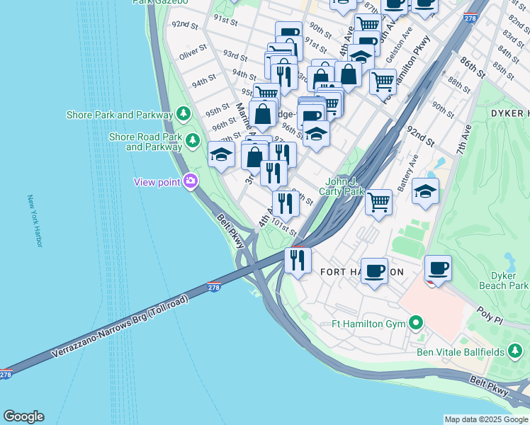 map of restaurants, bars, coffee shops, grocery stores, and more near 10008 4th Avenue in Brooklyn