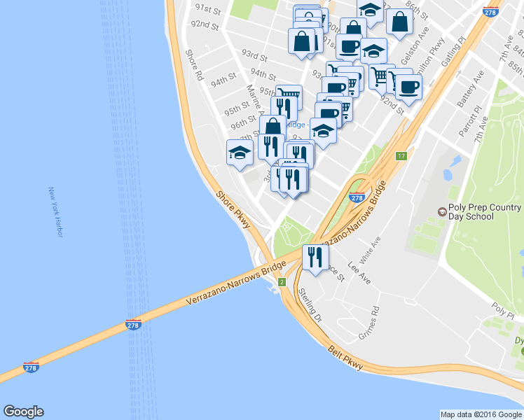 map of restaurants, bars, coffee shops, grocery stores, and more near 9969 Shore Road in Brooklyn