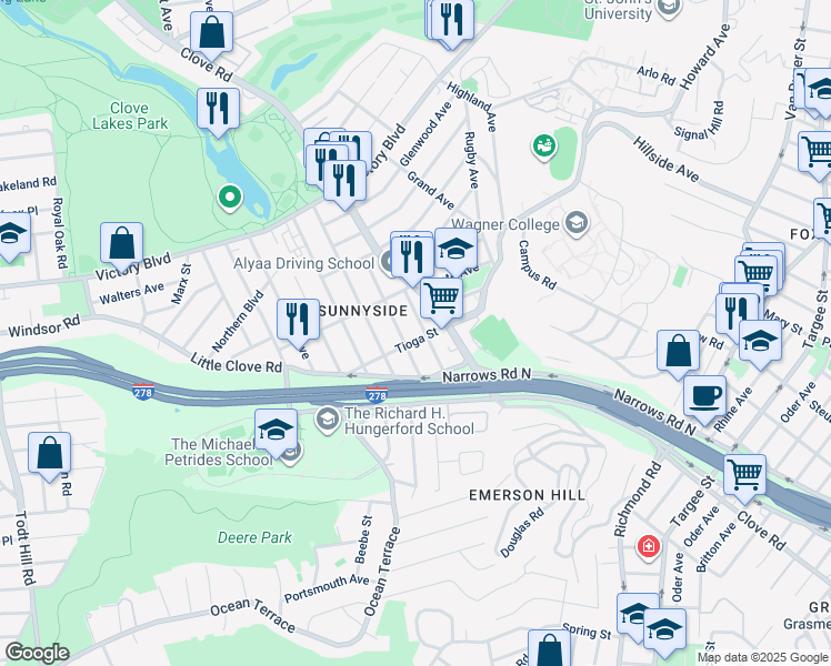 map of restaurants, bars, coffee shops, grocery stores, and more near 15 Tioga Street in Staten Island