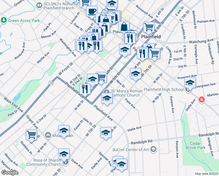 map of restaurants, bars, coffee shops, grocery stores, and more near 440 West 5th Street in Plainfield