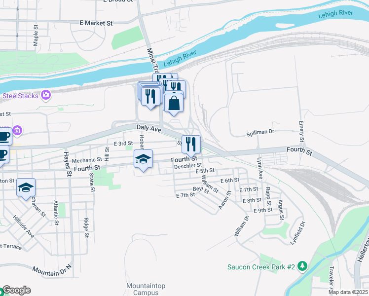 map of restaurants, bars, coffee shops, grocery stores, and more near 1325 Steel Avenue in Bethlehem