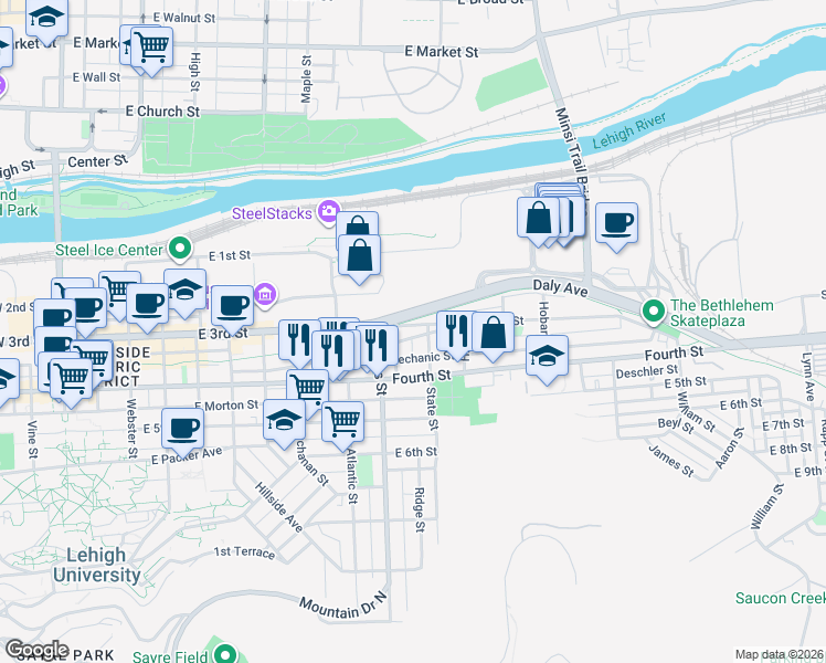 map of restaurants, bars, coffee shops, grocery stores, and more near 1010 East 3rd Street in Bethlehem