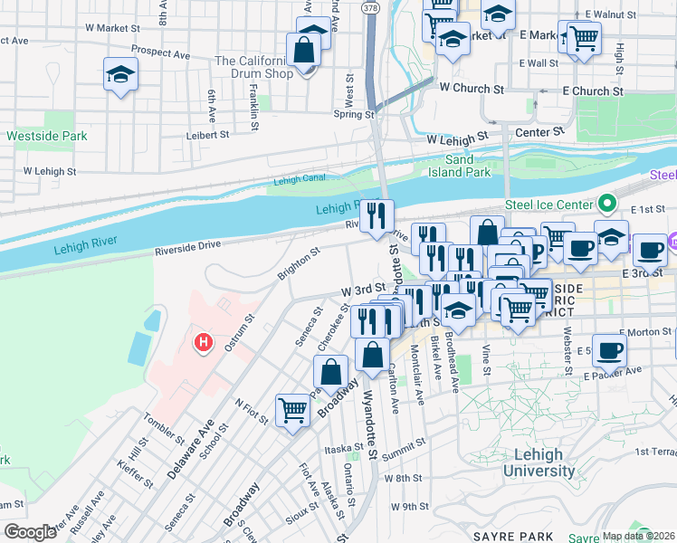 map of restaurants, bars, coffee shops, grocery stores, and more near 230 Cherokee Street in Bethlehem