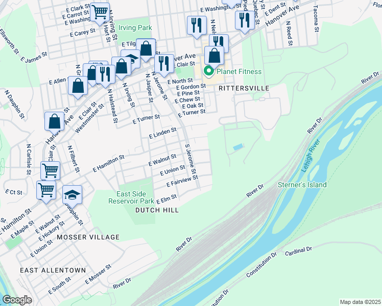 map of restaurants, bars, coffee shops, grocery stores, and more near 12 South Jerome Street in Allentown