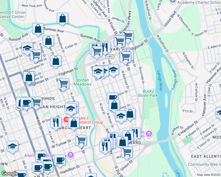map of restaurants, bars, coffee shops, grocery stores, and more near 442 North Grant Street in Allentown