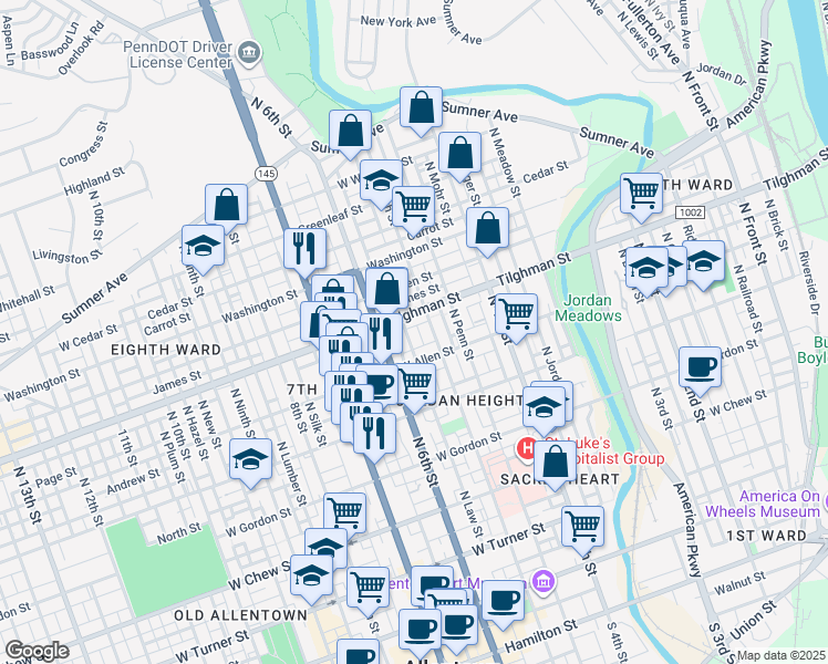 map of restaurants, bars, coffee shops, grocery stores, and more near 632 North 5th Street in Allentown