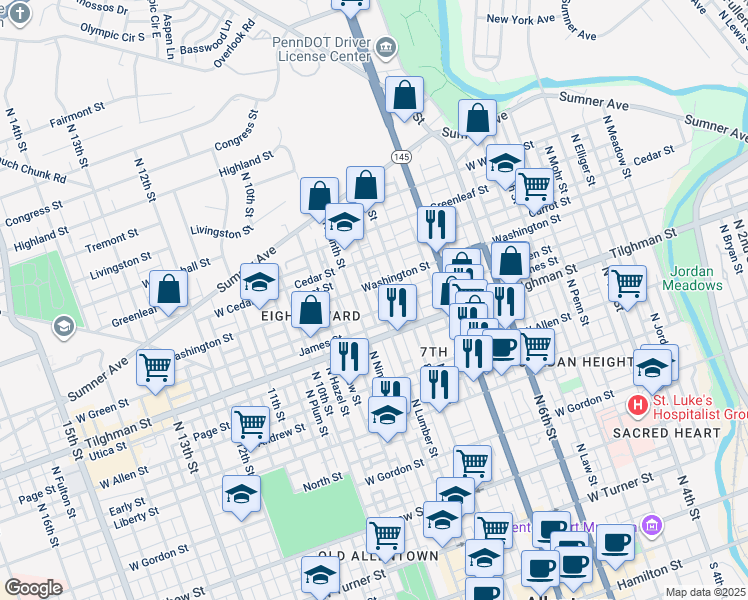 map of restaurants, bars, coffee shops, grocery stores, and more near 756 North Lumber Street in Allentown