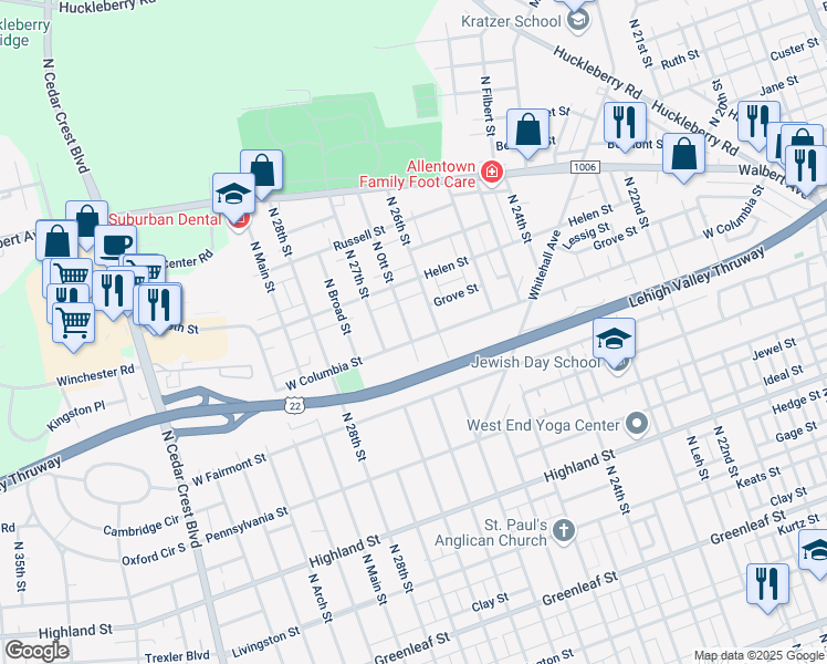 map of restaurants, bars, coffee shops, grocery stores, and more near 1417 North Ott Street in Allentown