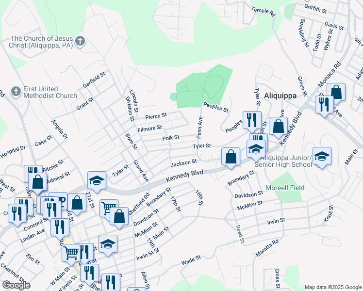map of restaurants, bars, coffee shops, grocery stores, and more near 1621 Polk Street in Aliquippa