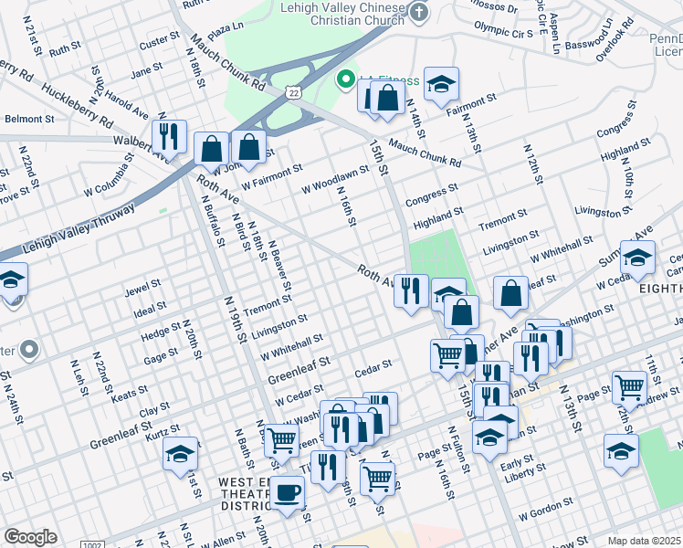 map of restaurants, bars, coffee shops, grocery stores, and more near 1631 West Tremont Street in Allentown