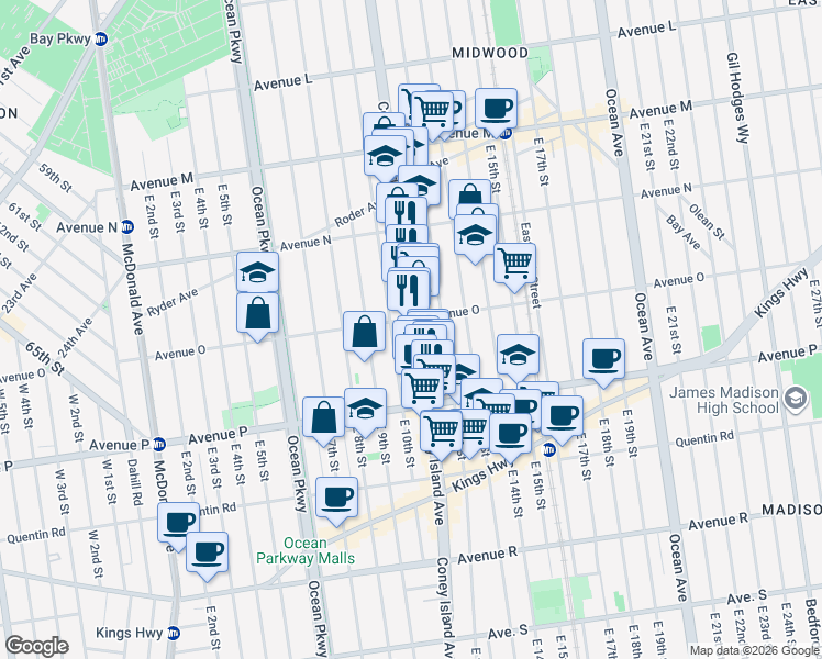 map of restaurants, bars, coffee shops, grocery stores, and more near 1111 Avenue O in Brooklyn