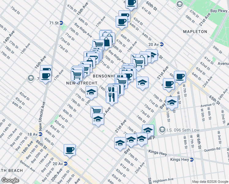 map of restaurants, bars, coffee shops, grocery stores, and more near 1938 73rd Street in Brooklyn