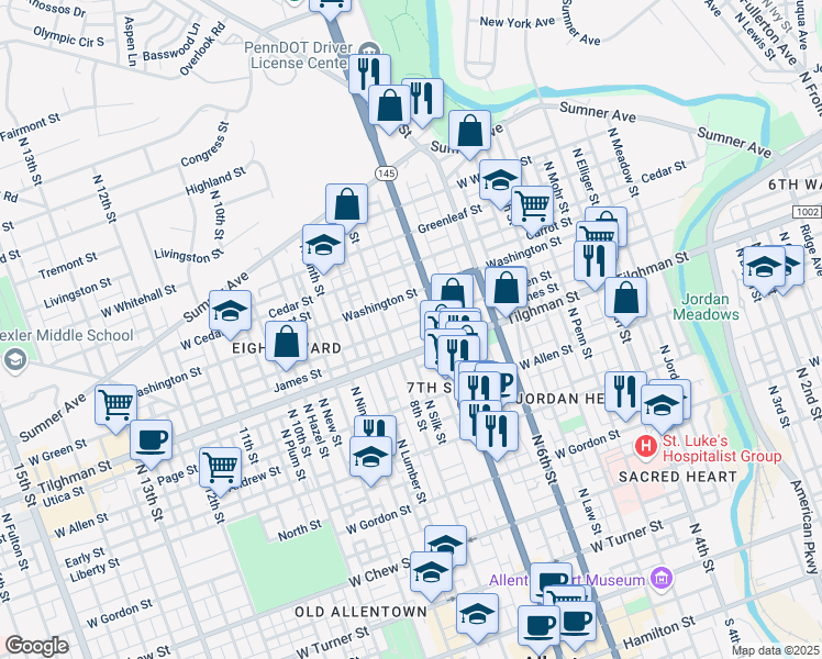 map of restaurants, bars, coffee shops, grocery stores, and more near 734 West Green Street in Allentown