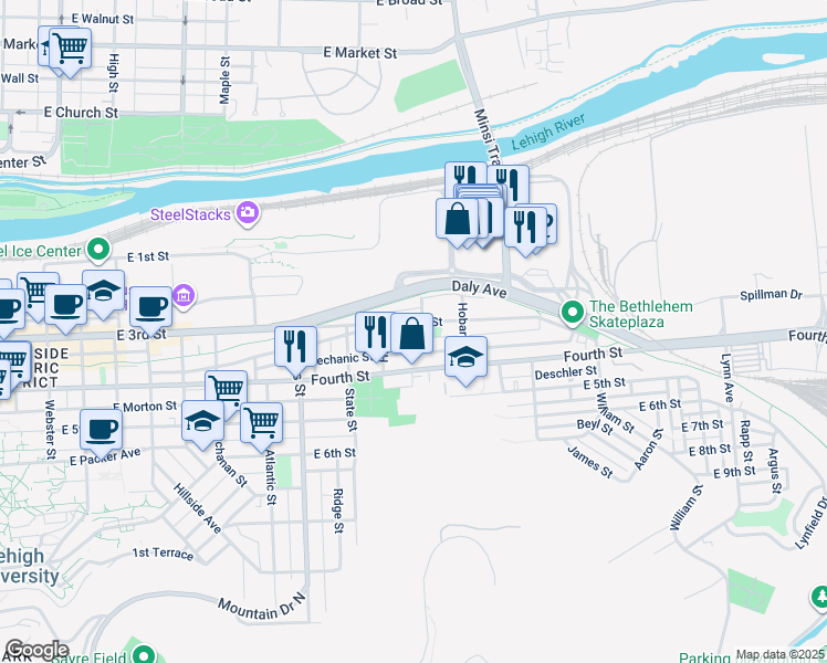 map of restaurants, bars, coffee shops, grocery stores, and more near 1127 Fortuna Street in Bethlehem