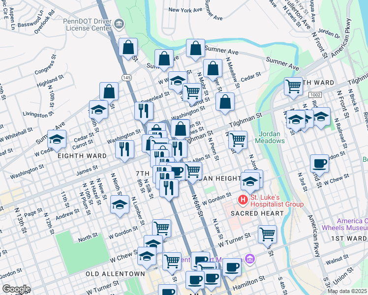 map of restaurants, bars, coffee shops, grocery stores, and more near 642 North Fair Street in Allentown
