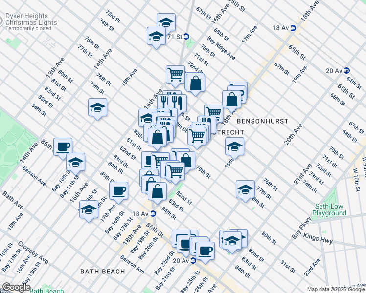 map of restaurants, bars, coffee shops, grocery stores, and more near 1748 78th Street in Brooklyn