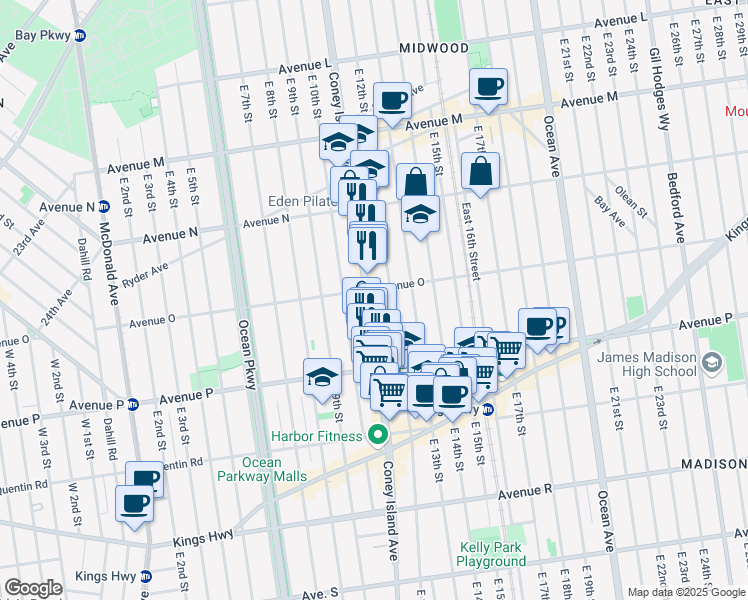 map of restaurants, bars, coffee shops, grocery stores, and more near 1849 Coney Island Avenue in Brooklyn