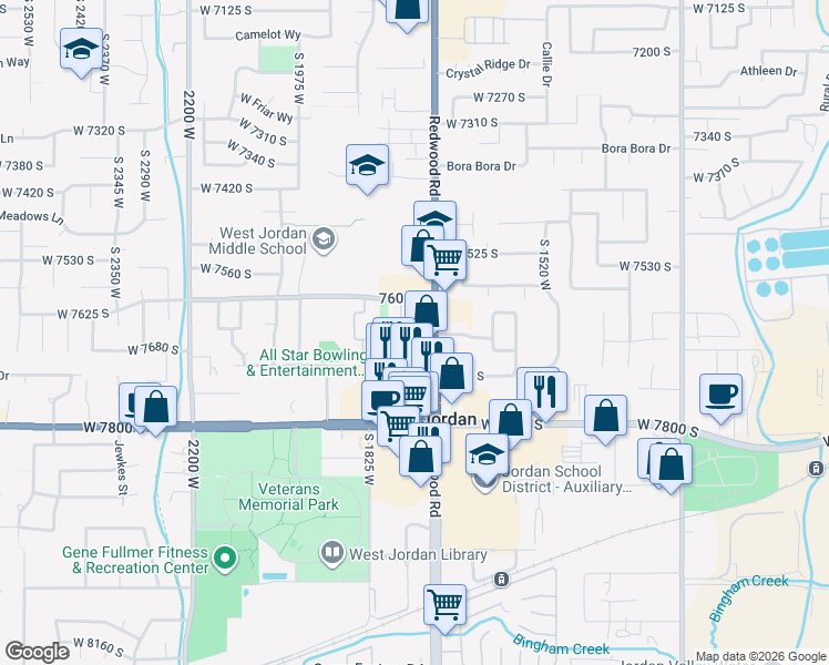 map of restaurants, bars, coffee shops, grocery stores, and more near 7628 South Redwood Road in West Jordan