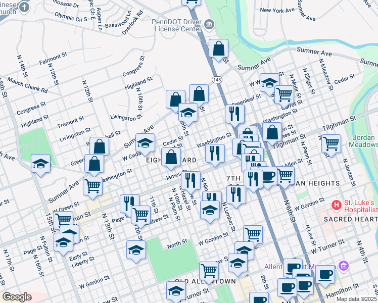 map of restaurants, bars, coffee shops, grocery stores, and more near 758 N 9th St in Allentown