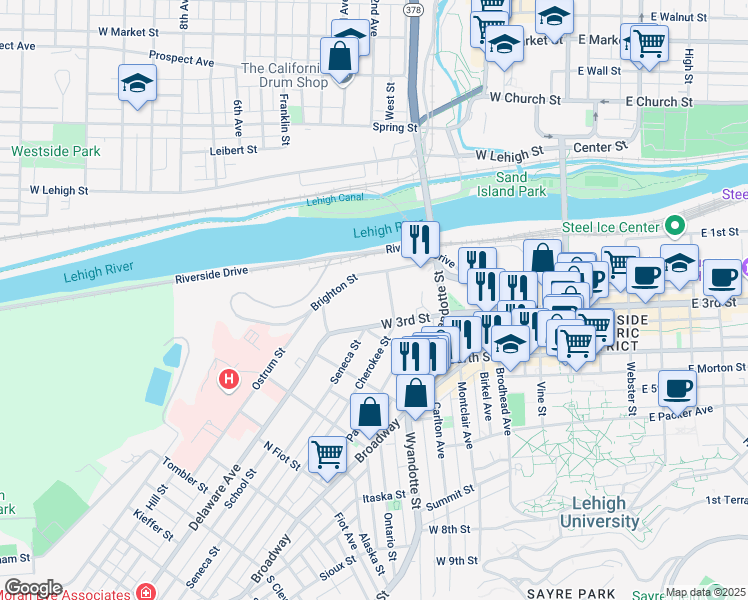 map of restaurants, bars, coffee shops, grocery stores, and more near 230 Cherokee Street in Bethlehem