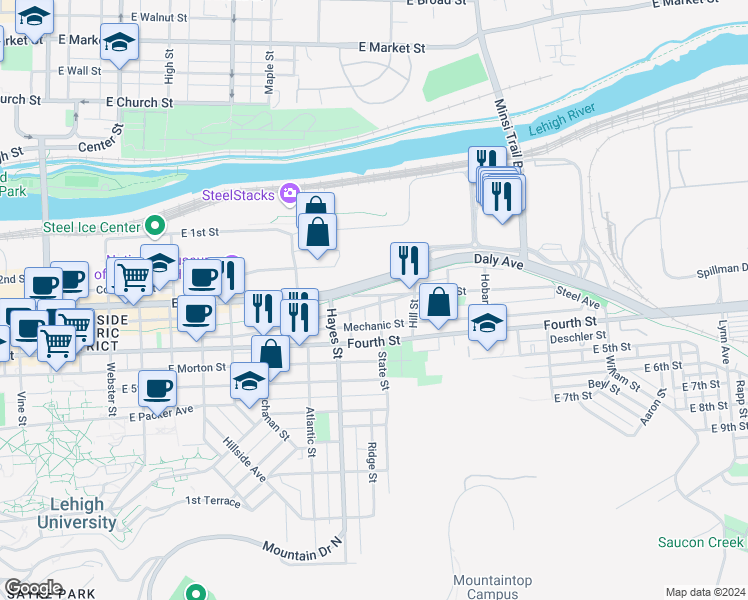 map of restaurants, bars, coffee shops, grocery stores, and more near 1010 East 3rd Street in Bethlehem
