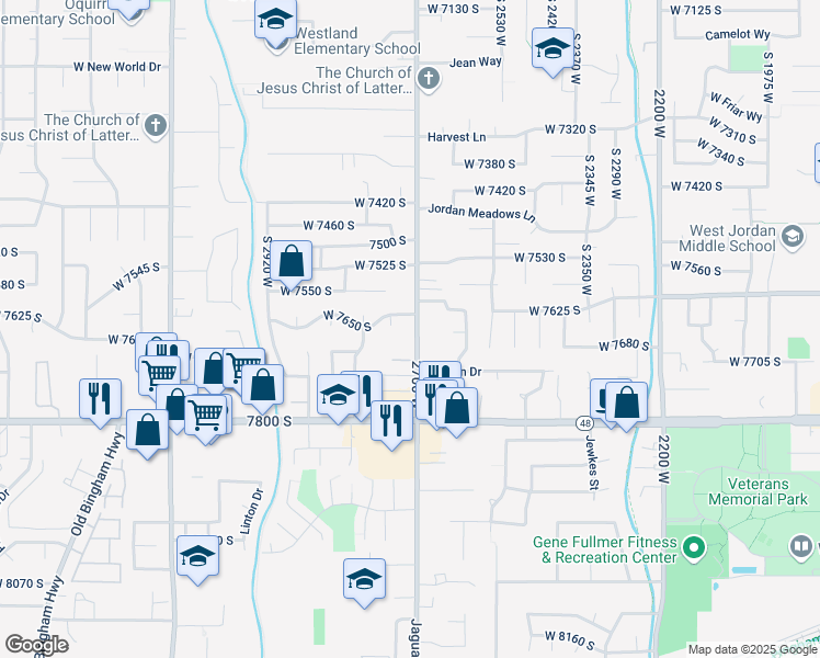 map of restaurants, bars, coffee shops, grocery stores, and more near 7655 William Circle in West Jordan