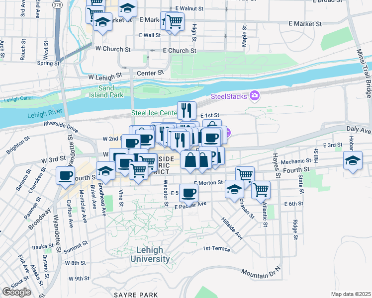 map of restaurants, bars, coffee shops, grocery stores, and more near 331-39 East 3rd Street in Bethlehem