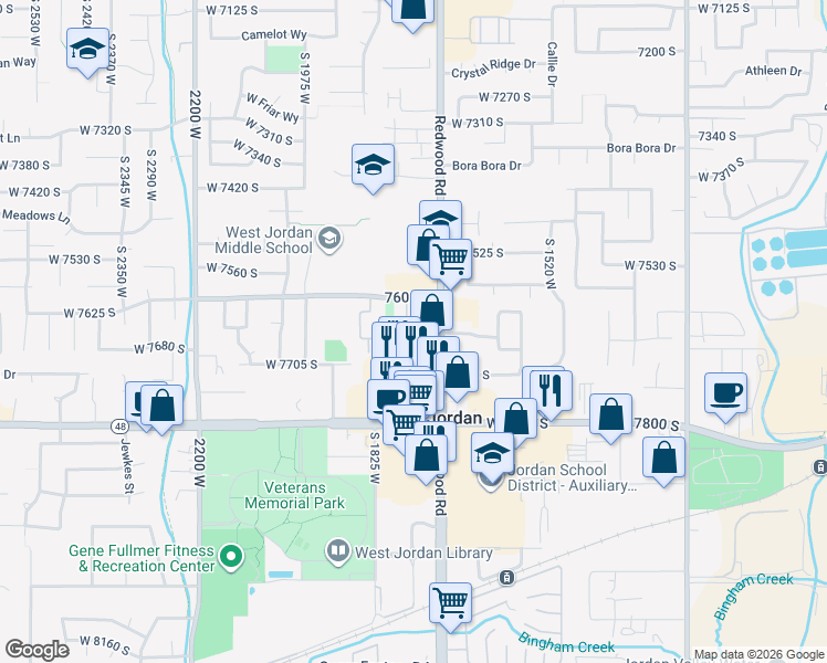 map of restaurants, bars, coffee shops, grocery stores, and more near 7638 South Redwood Road in West Jordan