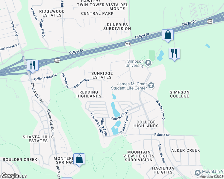 map of restaurants, bars, coffee shops, grocery stores, and more near 266 Sunridge Drive in Redding