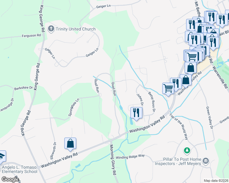 map of restaurants, bars, coffee shops, grocery stores, and more near 12 Quail Run in Warren