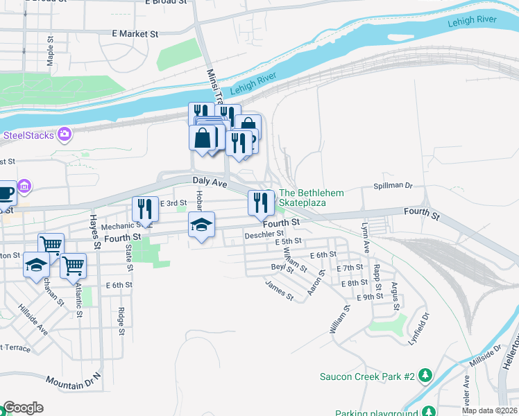 map of restaurants, bars, coffee shops, grocery stores, and more near 1325 Steel Avenue in Bethlehem