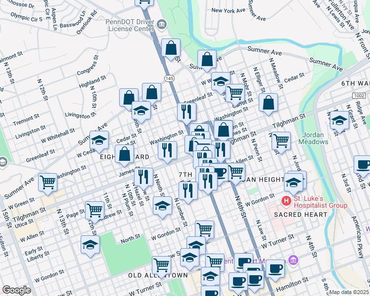 map of restaurants, bars, coffee shops, grocery stores, and more near 724 North 7th Street in Allentown