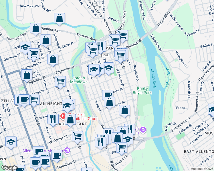 map of restaurants, bars, coffee shops, grocery stores, and more near 432 North Grant Street in Allentown