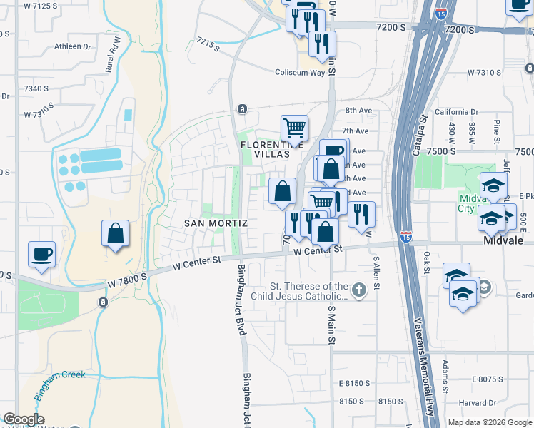 map of restaurants, bars, coffee shops, grocery stores, and more near 838 West Shelton Way in Midvale