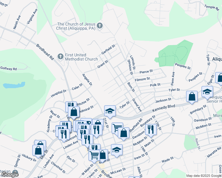 map of restaurants, bars, coffee shops, grocery stores, and more near 1821 Pierce Street in Aliquippa