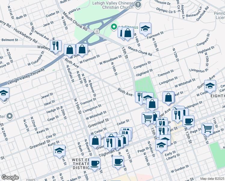 map of restaurants, bars, coffee shops, grocery stores, and more near 1631 West Tremont Street in Allentown