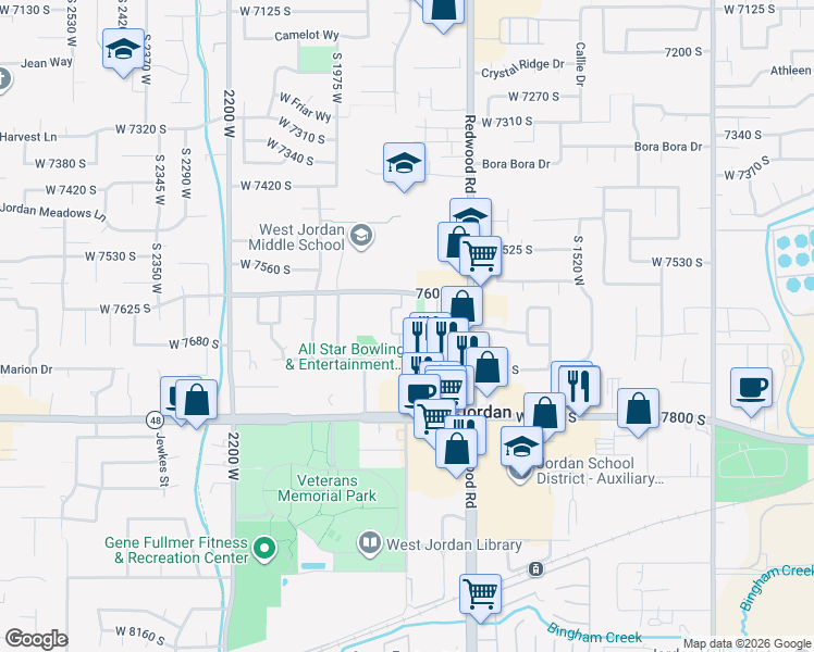 map of restaurants, bars, coffee shops, grocery stores, and more near 1813 West 7600 South in West Jordan