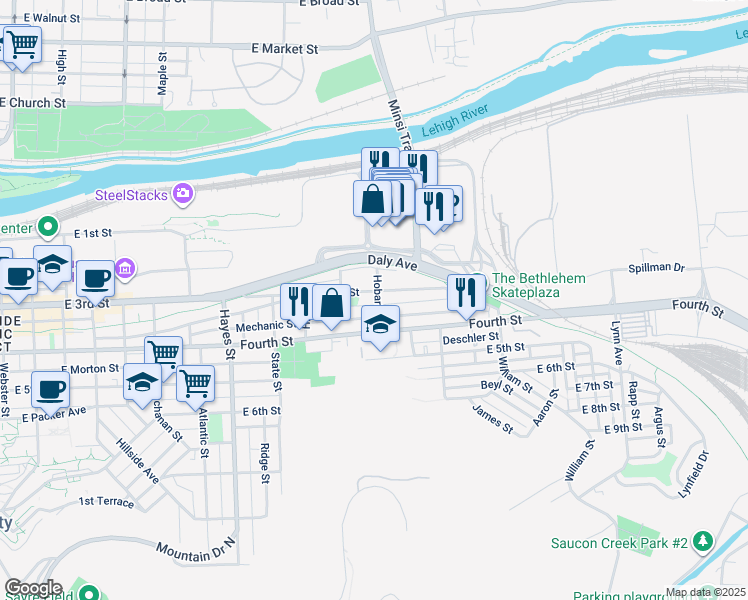 map of restaurants, bars, coffee shops, grocery stores, and more near 308 Hobart Street in Bethlehem