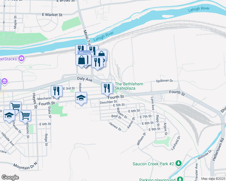 map of restaurants, bars, coffee shops, grocery stores, and more near 1325 Steel Avenue in Bethlehem