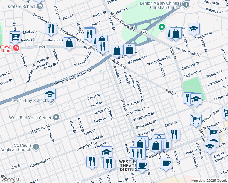 map of restaurants, bars, coffee shops, grocery stores, and more near 1922 Pennsylvania Street in Allentown